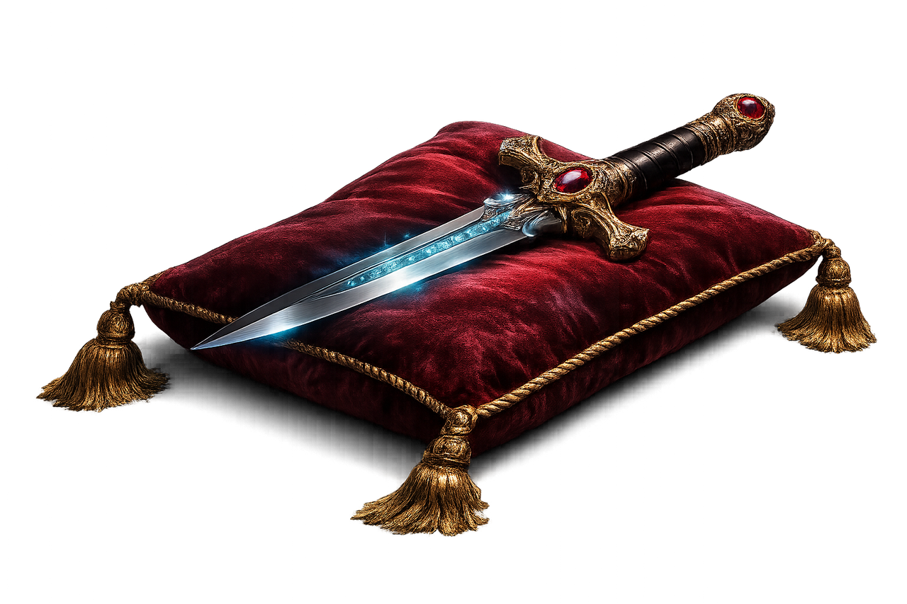 Ceremonial athame on a crimson velvet pillow