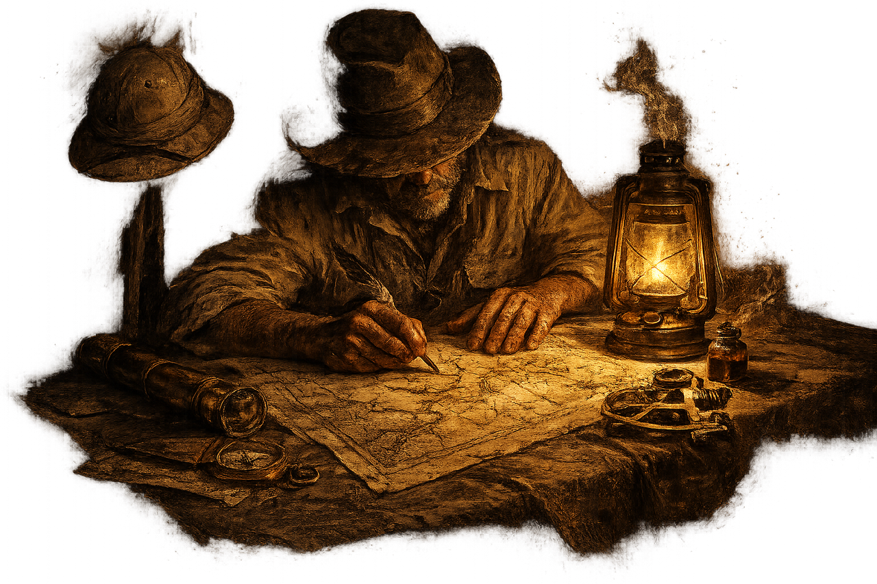 The cartographer, lit by a single kerosene lantern, leaning over a half-drawn map with quill in hand.