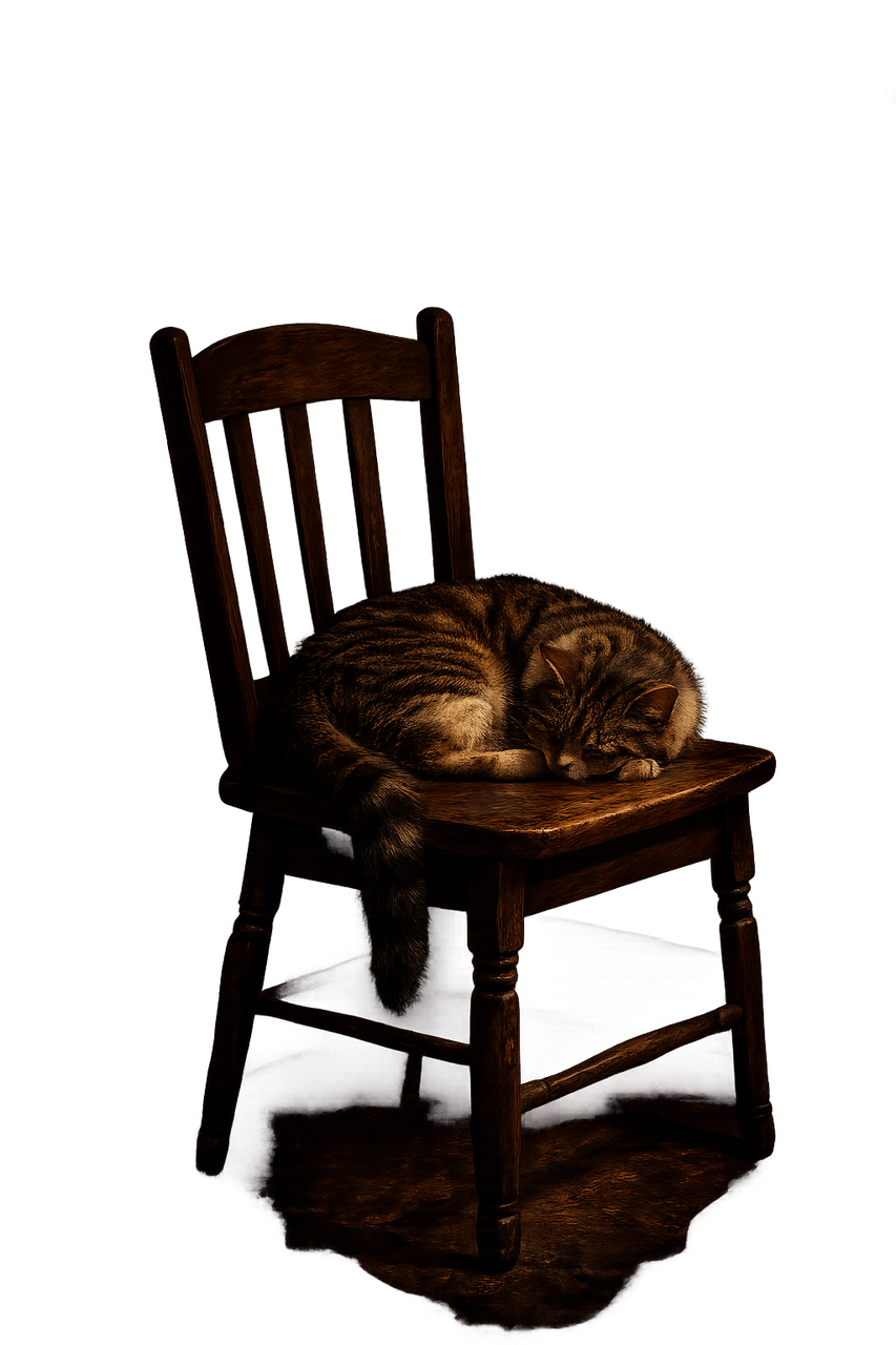 A tabby cat curled tightly asleep on the seat of a wooden kitchen chair, lit warm by the Tiffany lamp, the chair pulled out at a slight angle.