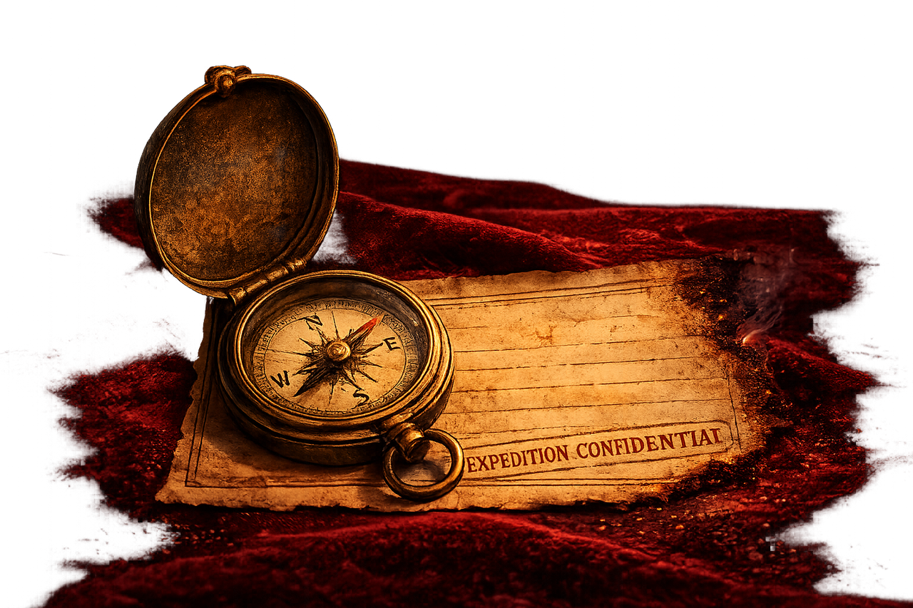 An open antique brass compass on crimson velvet beside a dripping wax seal and a parchment marked Expedition Confidential.