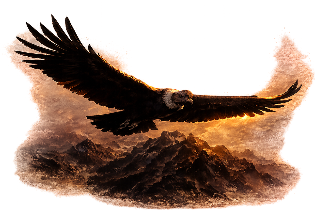 A massive condor soaring at altitude over jagged peaks at sunrise — the cartographer's watcher, riding the thermal toward the unknown country.