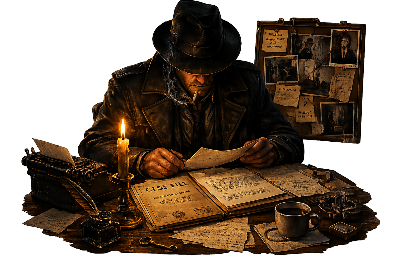 A detective at his after-hours desk, a case file open before him