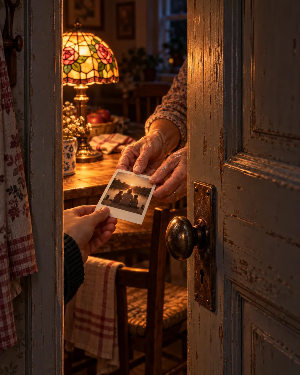 A kitchen door opening on the lamp and the photographs