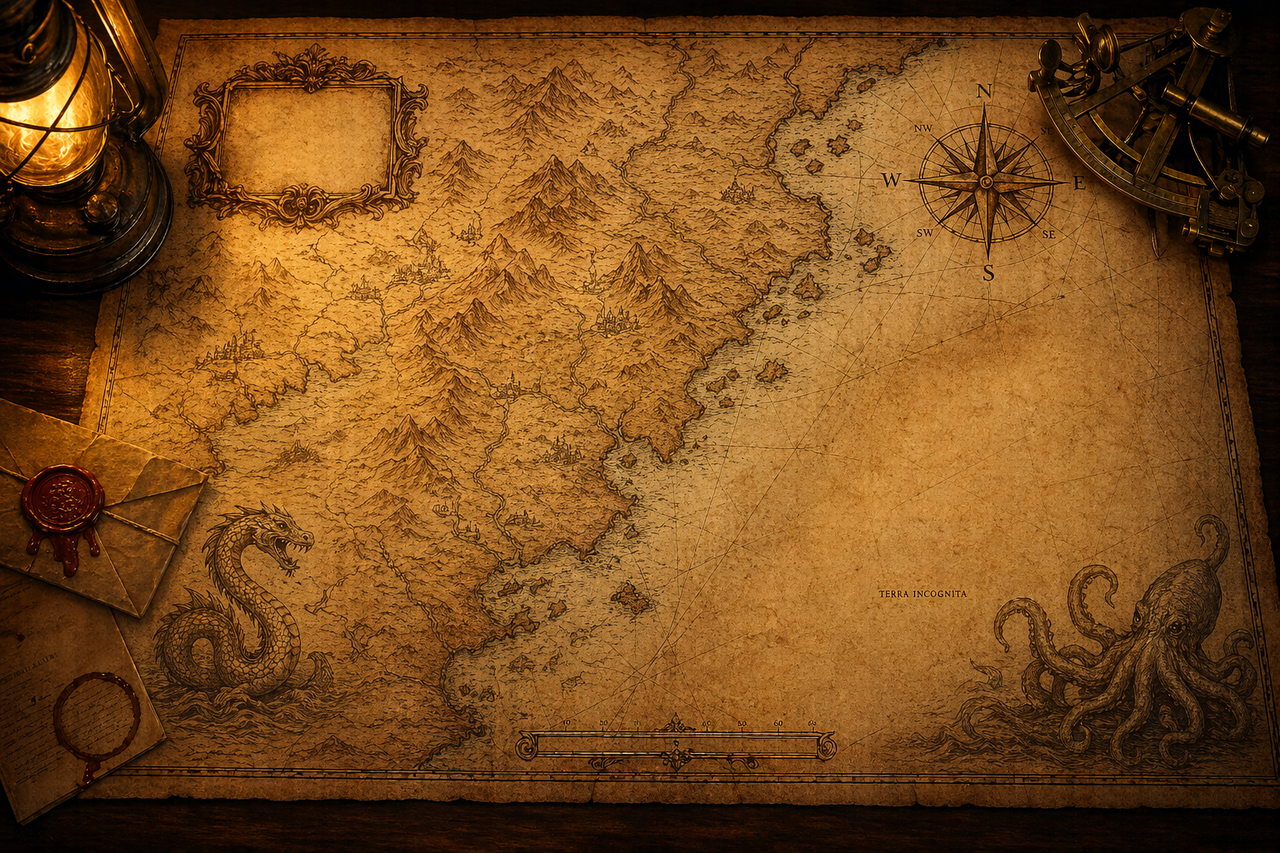 An antique cartographer's map on a mahogany table — ornate cartouche, compass rose, sea monsters at the corners, sextant, oil lantern, scale bar, and a blank quarter marked TERRA INCOGNITA.