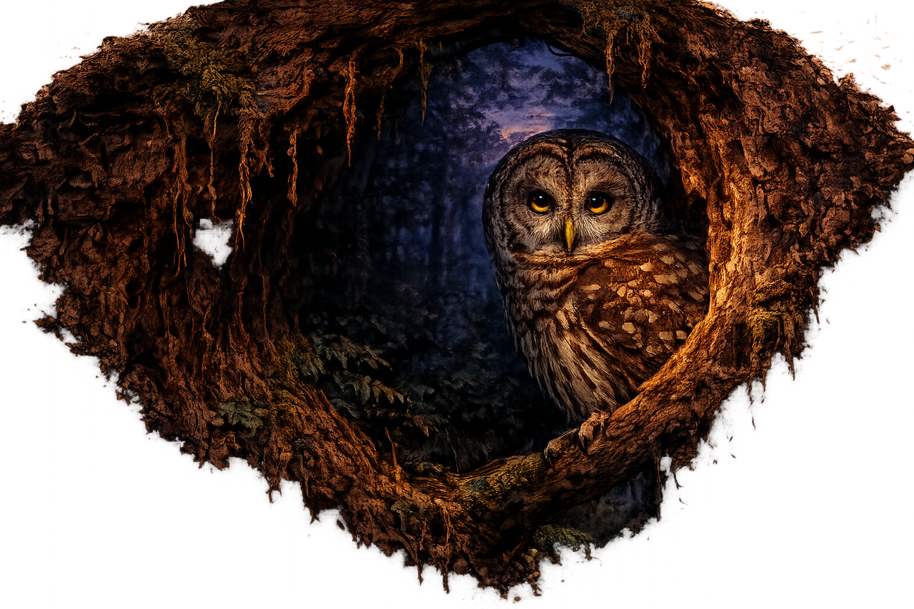 A barred owl in his knot-hole, looking back at you