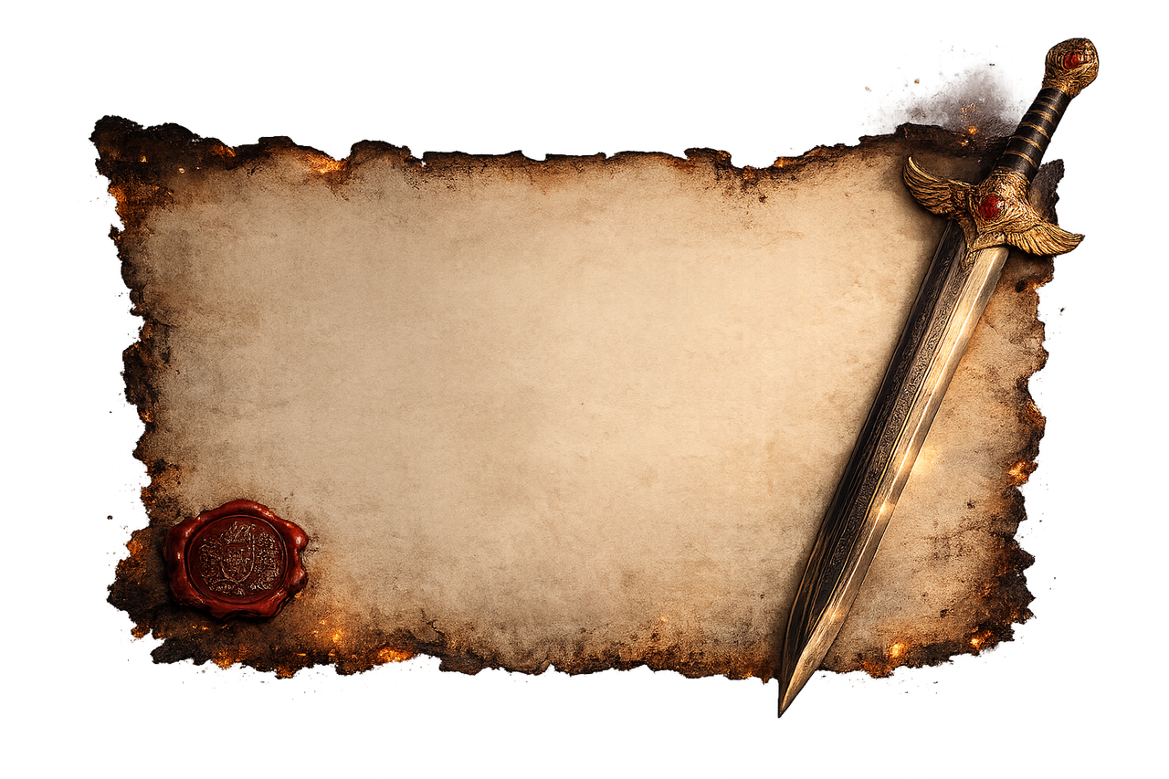 A charred declaration parchment pinned by an ornate sword with a wax seal