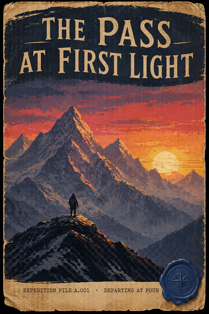 THE PASS AT FIRST LIGHT — vintage expedition poster of a lone figure cresting an alpine ridge against a sun-cresting horizon.