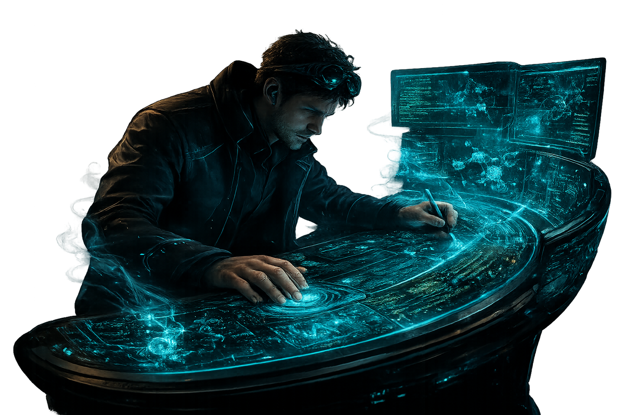 A scientist at a holographic console