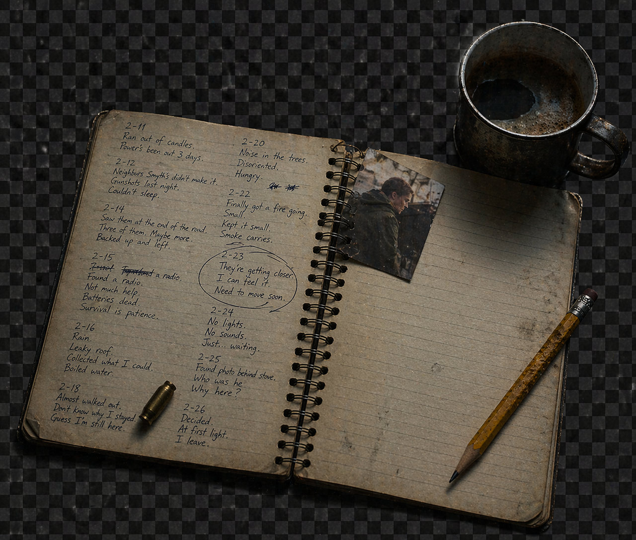 The accumulated log of past survivors — handwritten dated entries, a tin coffee mug, a single bullet, a small polaroid.
