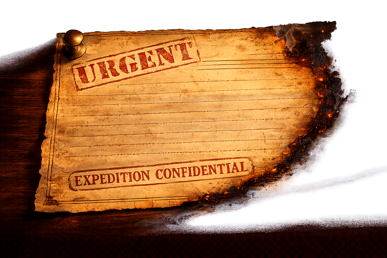 A yellowed telegram pinned by a brass tack, stamped URGENT and EXPEDITION CONFIDENTIAL, its right edge catching fire.