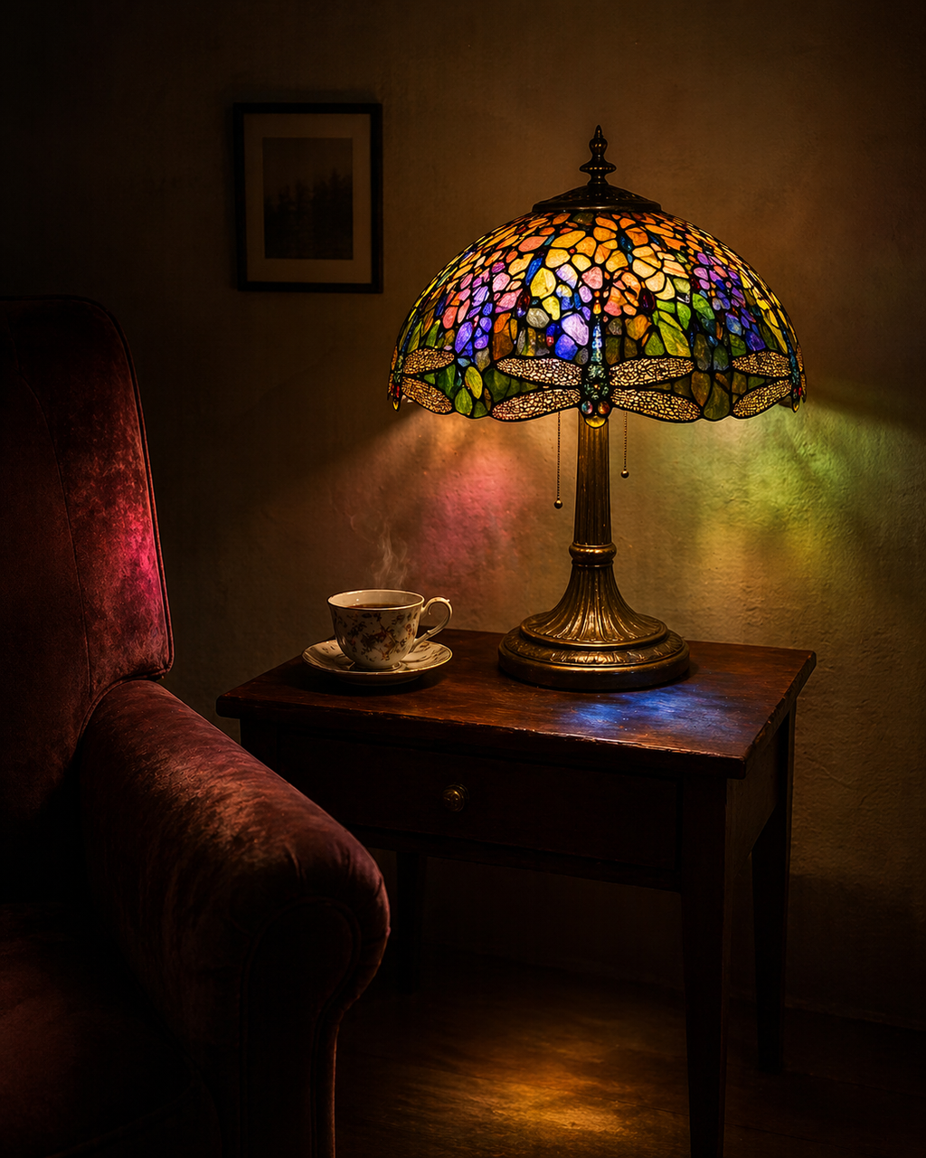 A Tiffany stained-glass lamp lit on a side table in a family reading nook